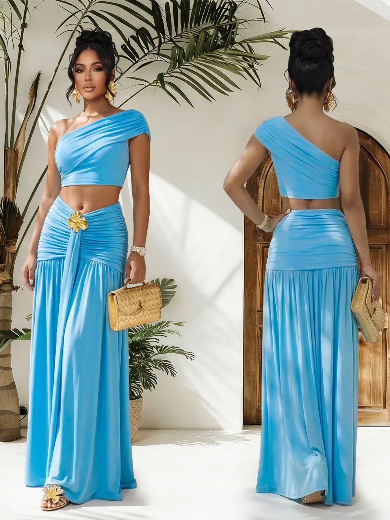 Plush Fashion Hub one-shoulder top and ruched maxi skirt set, stylish coordinated outfit with fitted top and flowing skirt.