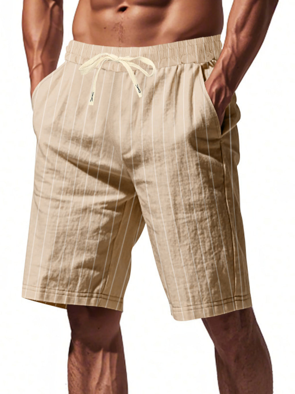 Men's plus size striped casual shorts with drawstring waist, made by Trendsi, featuring a comfortable, relaxed fit and vibrant pattern.