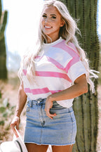 Lightweight summer short sleeve knitted top by Threaded Pear, showing a cozy, breathable design in soft yarn.