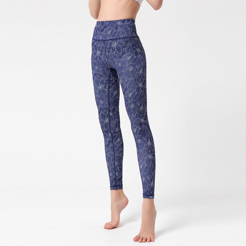FitiqueFit marble print high-waist yoga leggings in bold purple, showcasing their sculpted fit and vibrant activewear design.