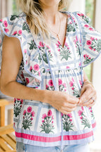 Women's floral print ruffle sleeve blouse with tied neckline, lightweight fabric, stylish top by Trendsi, perfect for casual wear