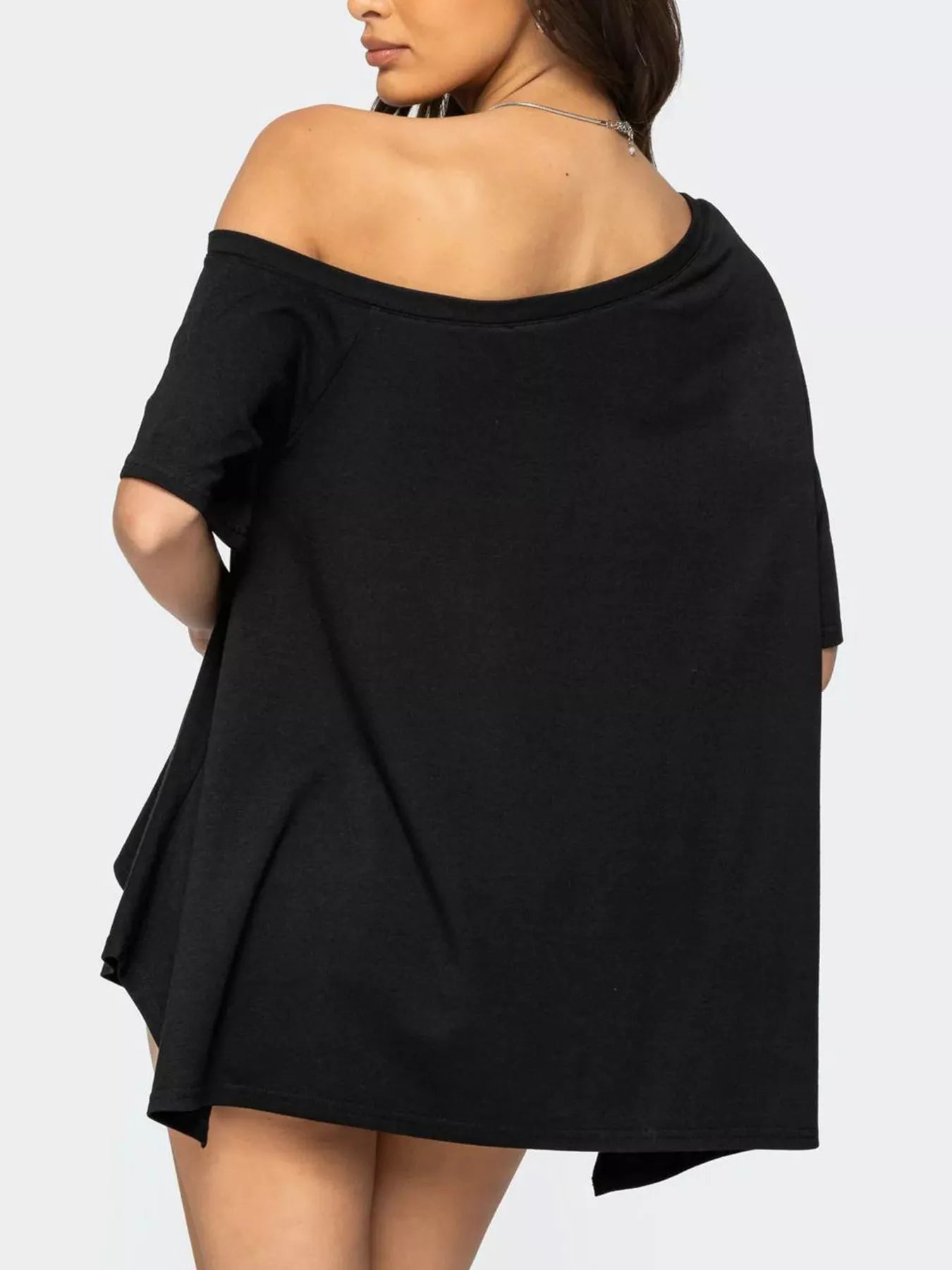 Women's off-shoulder asymmetrical flowy T-shirt from Trendsi, featuring a stylish, relaxed fit with a modern design.