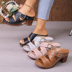 Women's open toe mid block heel sandals by Trendsi, showcasing stylish beige dressy casual shoes with comfortable straps and a chunky heel.