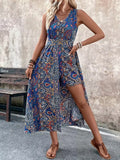 Women's printed V-neck sleeveless jumpsuit by Plush Fashion Hub, casualwear with a stylish vacation chic look.