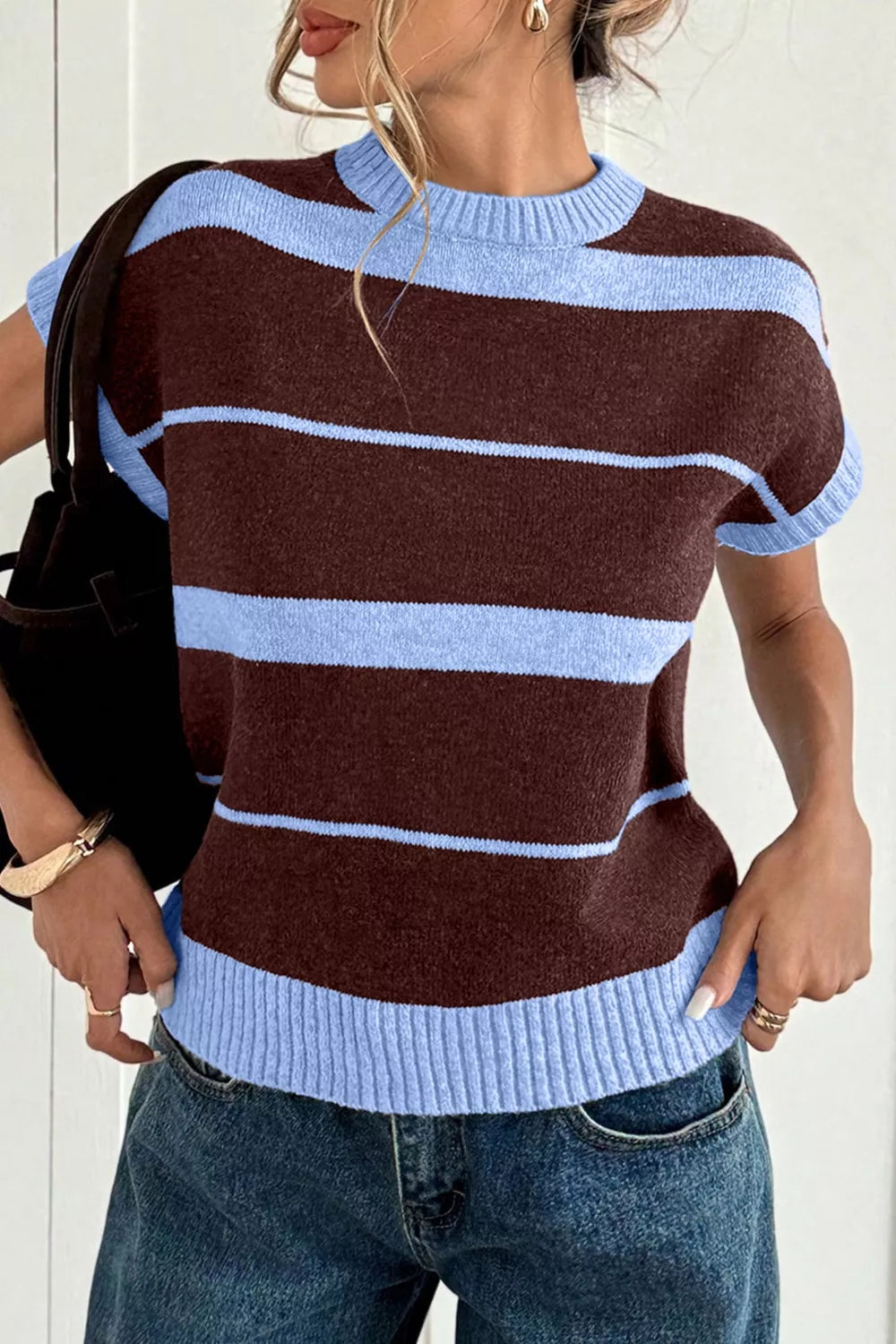 Striped short sleeve round neck casual knit top by Plush Fashion Hub, featuring a comfortable fit and stylish design.