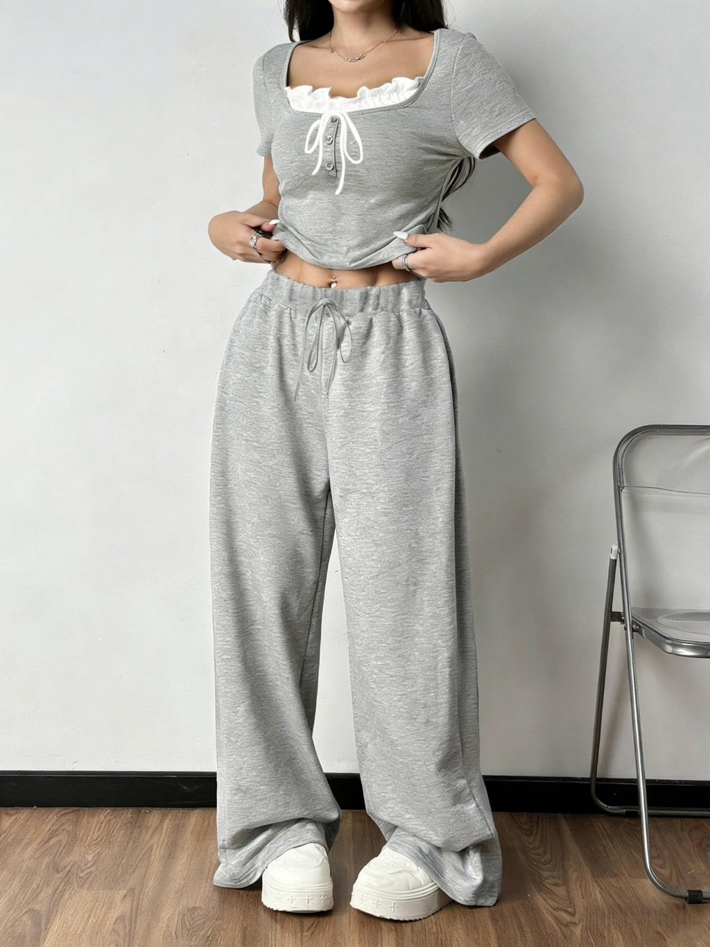 Shopimist tie front short sleeve top and matching pants set, stylish and casual outfit, shown in a relaxed fit.