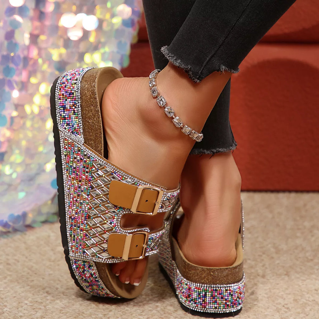 Rhinestone double buckle sandals by Shopimist featuring sparkling rhinestones and stylish double straps on a neutral background