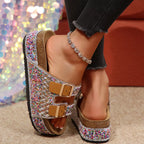 Rhinestone double buckle sandals by Shopimist featuring sparkling rhinestones and stylish double straps on a neutral background