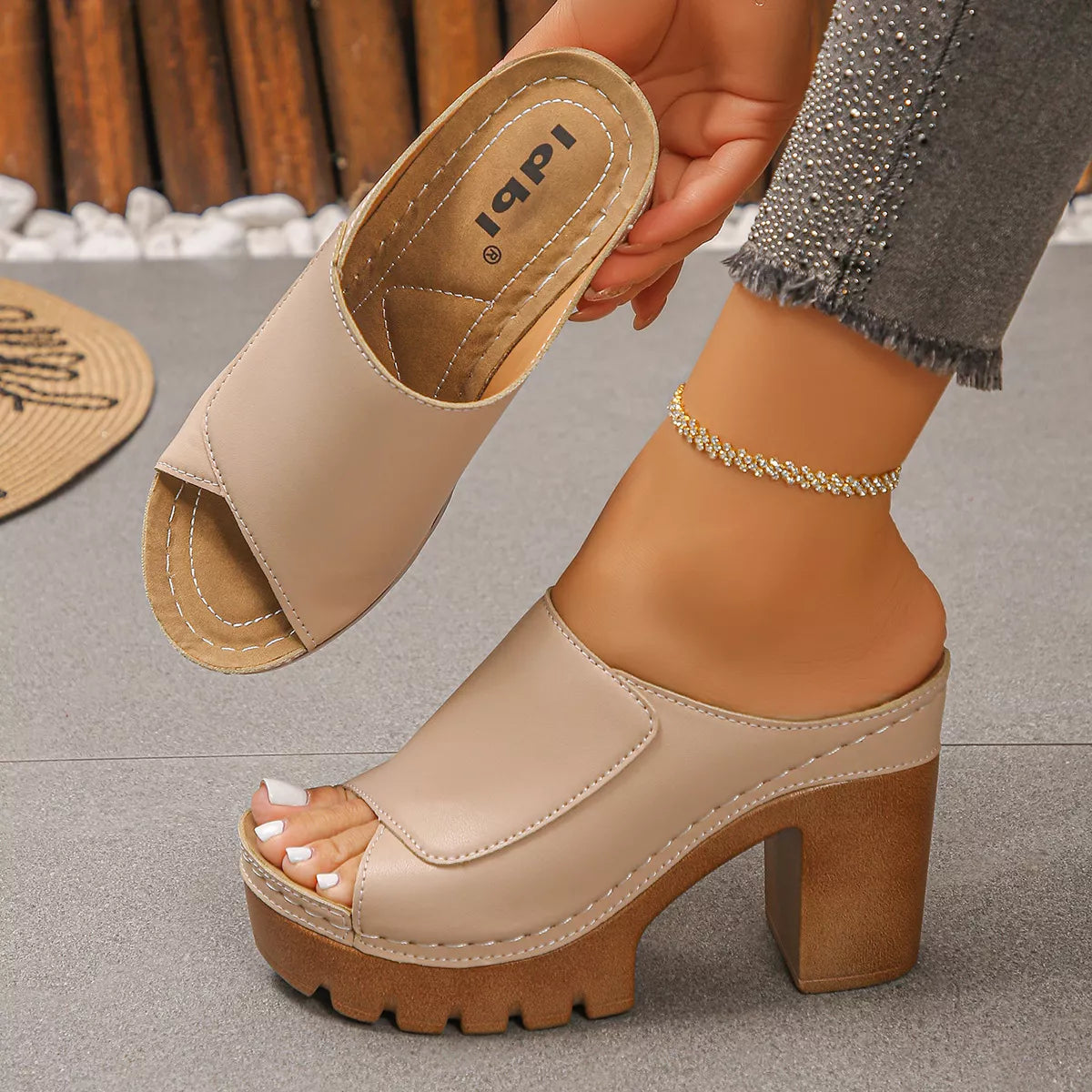 Shopimist open toe block heel sandals with stylish straps, perfect for summer and casual wear, shown in a side view.