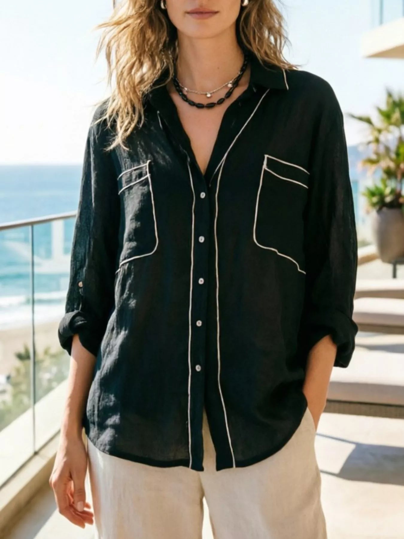 Contrast trim long sleeve shirt by Plush Fashion Hub featuring a button-up design and stylish detailing.