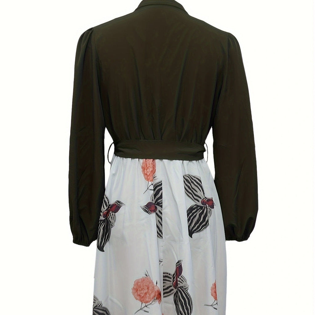 Ladies' casual printed V-neck dress with waist strap by FitiqueFit, featuring a stylish and comfortable casualwear design.