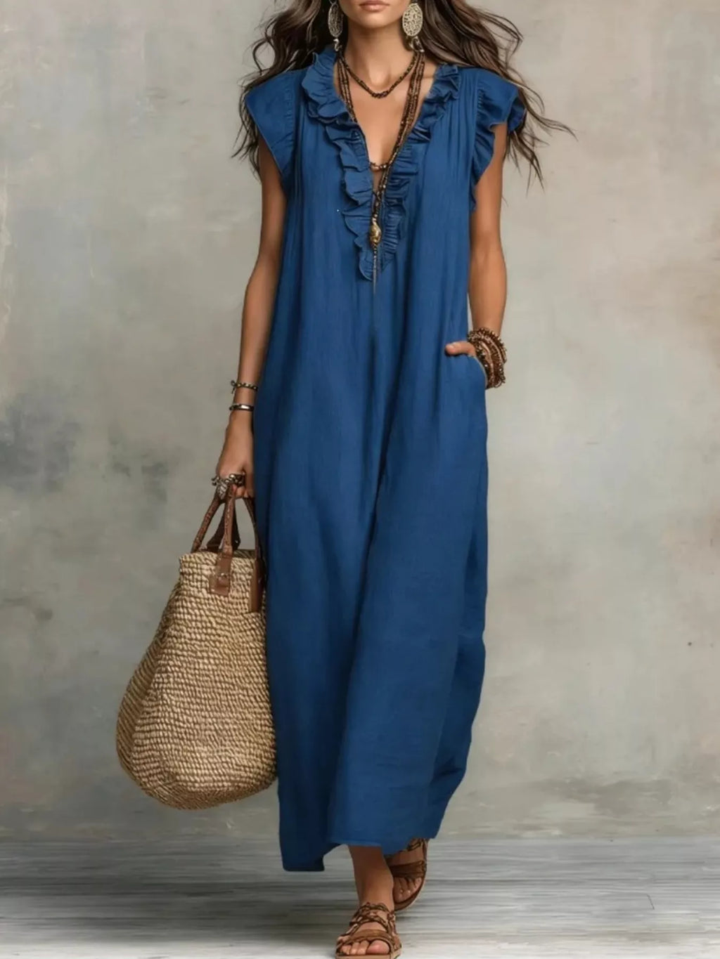 Plush Fashion Hub ruffled V-neck maxi dress with flowing fabric and elegant design, ideal for summer or formal occasions.