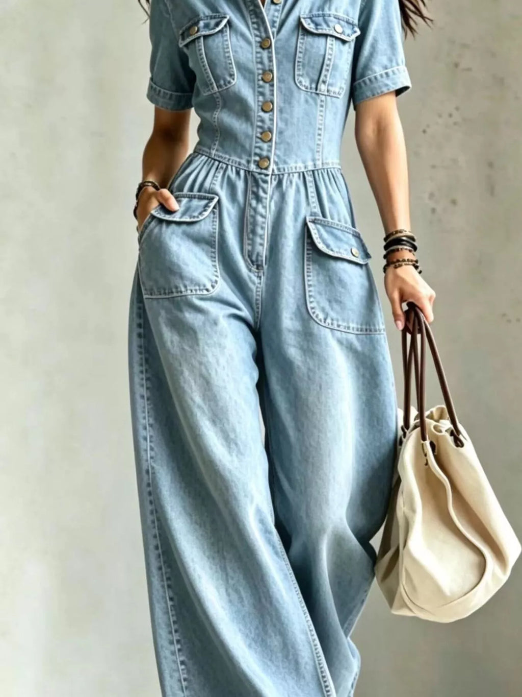 Full size denim wide-leg jumpsuit with chest pockets, plus size trendy jumpsuit from Trendsi, displayed on a hanger.