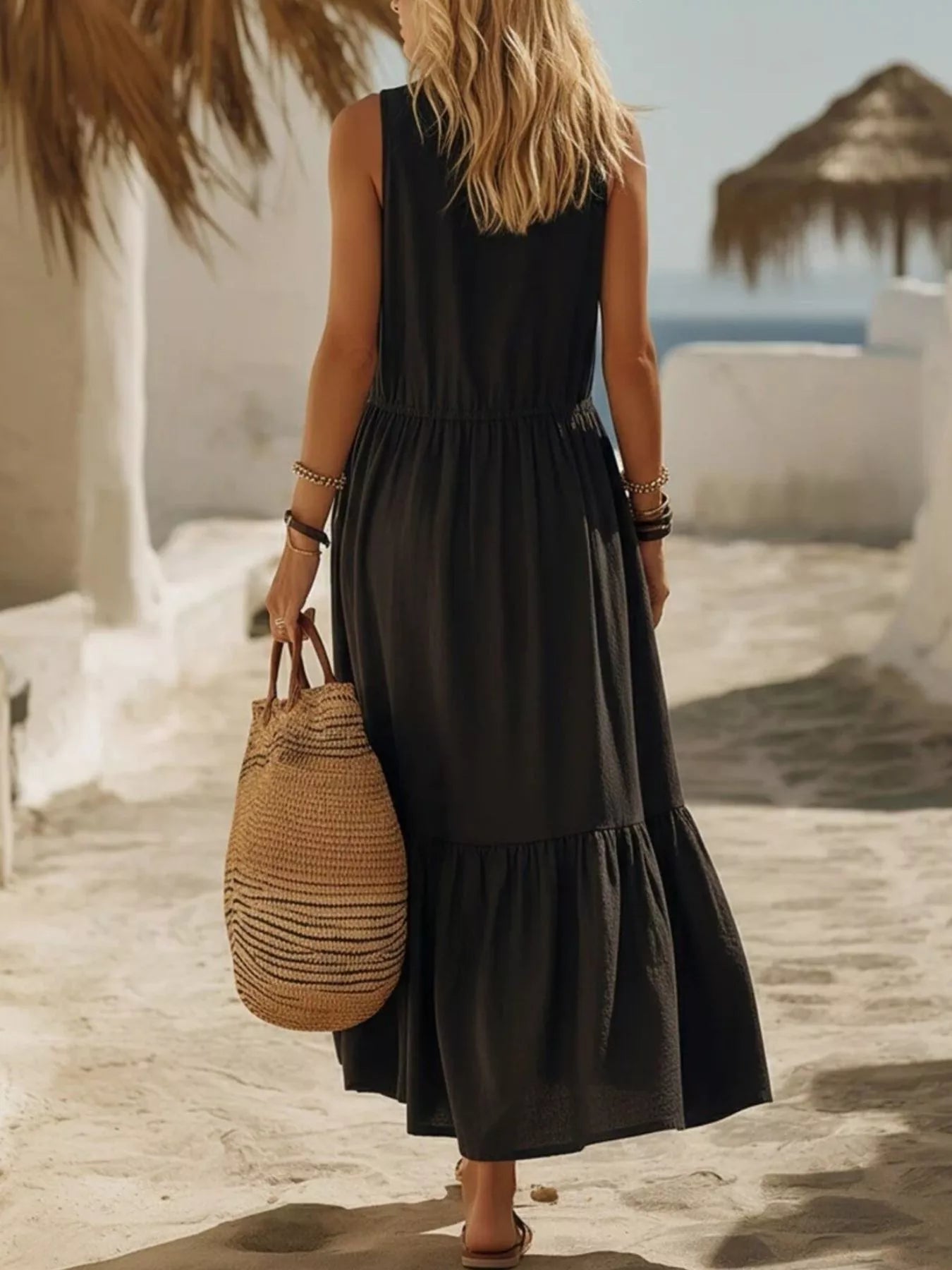 Plus size sleeveless maxi dress with zipper front, pocket, ruffle hem by Shopimist, perfect for casual summer wear.
