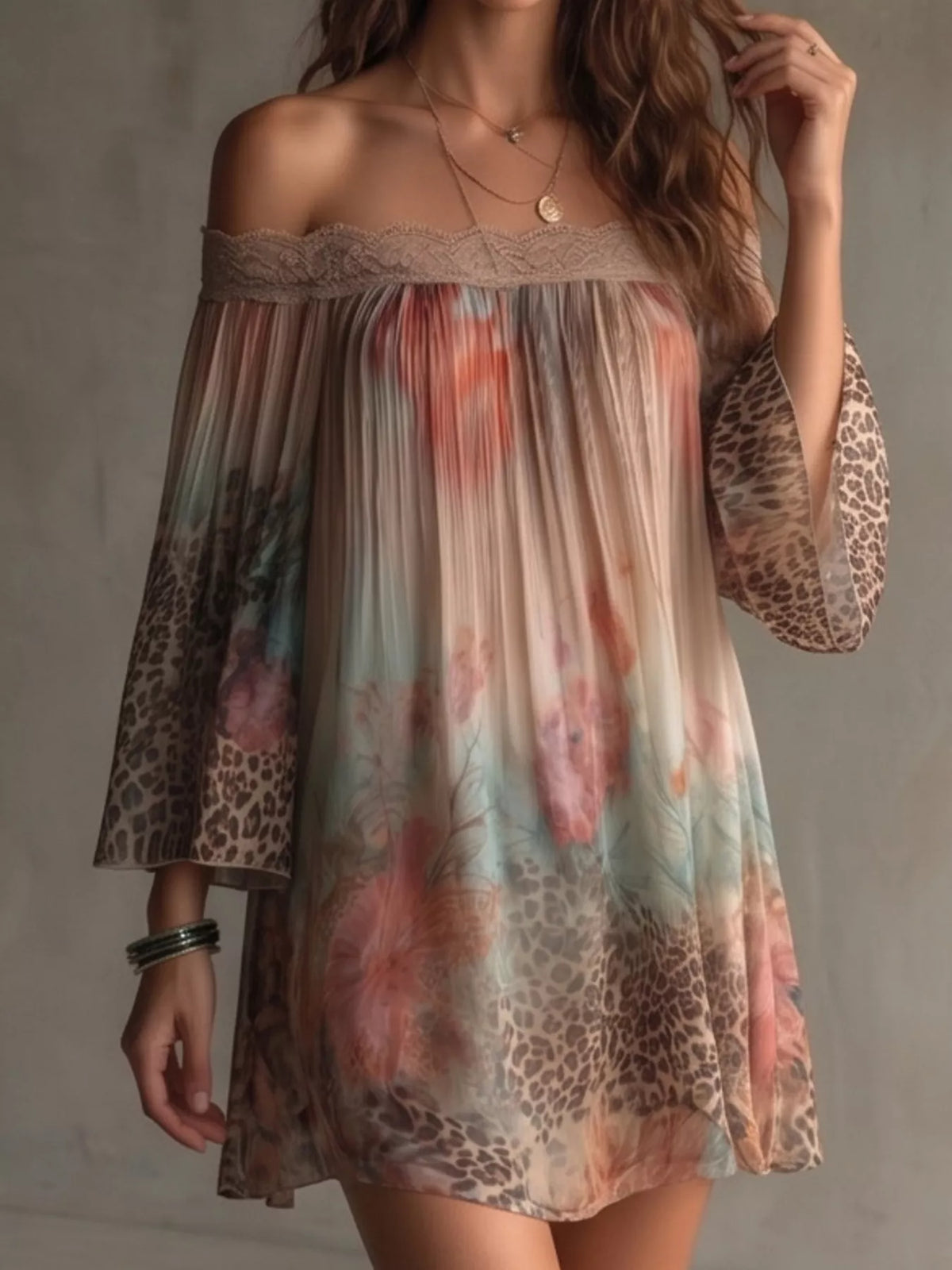 Off-shoulder floral and leopard print mini dress with lace trim from Trendsi, featuring a fitted silhouette and stylish design.