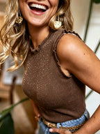 Women's ribbed stretchy sleeveless tank top with wide straps and crew neck by Plush Fashion Hub, shown in a neutral fabric.