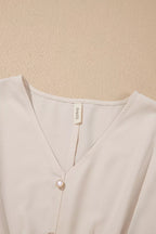 V Neck Long Sleeve Smocked Waist Elegant Blouse