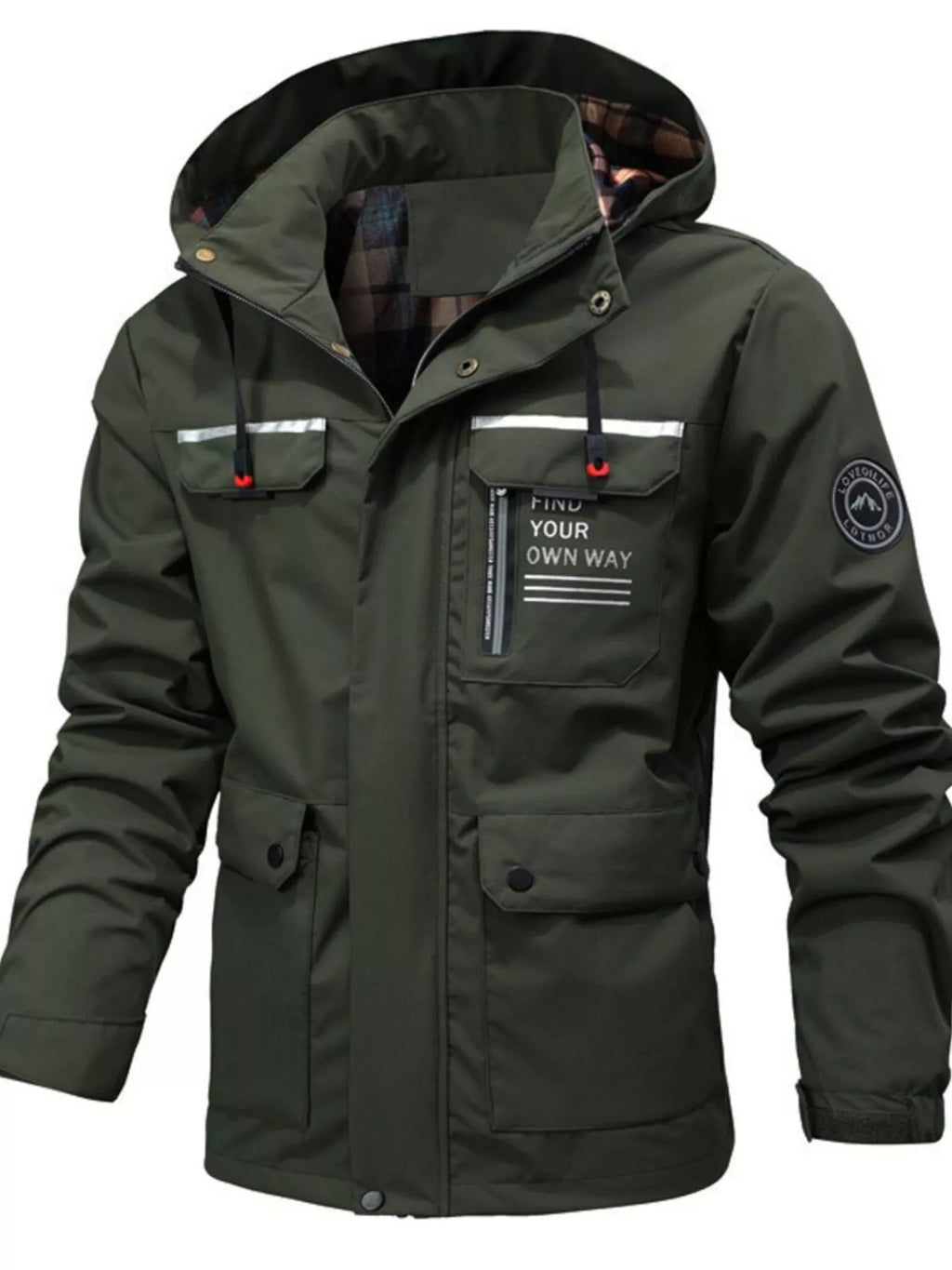 Men's plus size hooded outdoor windproof coat by Shopimist, showing the black wind-resistant jacket with a hood and zip closure.