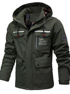 Men's plus size hooded outdoor windproof coat by Shopimist, showing the black wind-resistant jacket with a hood and zip closure.