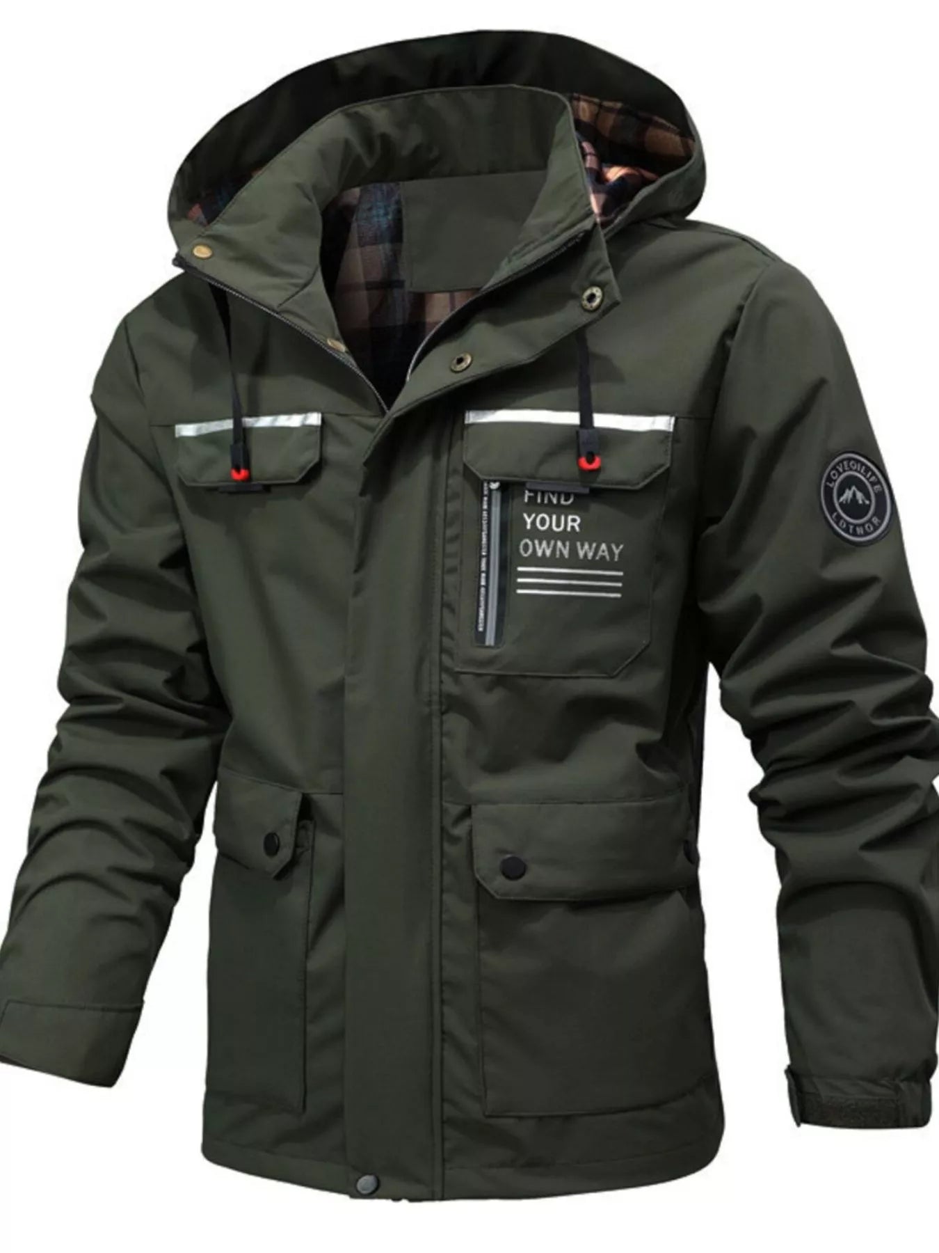 Men's plus size hooded outdoor windproof coat by Shopimist, showing the black wind-resistant jacket with a hood and zip closure.