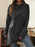 Black asymmetrical hem cowl neck long sleeve T-shirt from Trendsi, featuring a stylish draped neckline and relaxed fit.