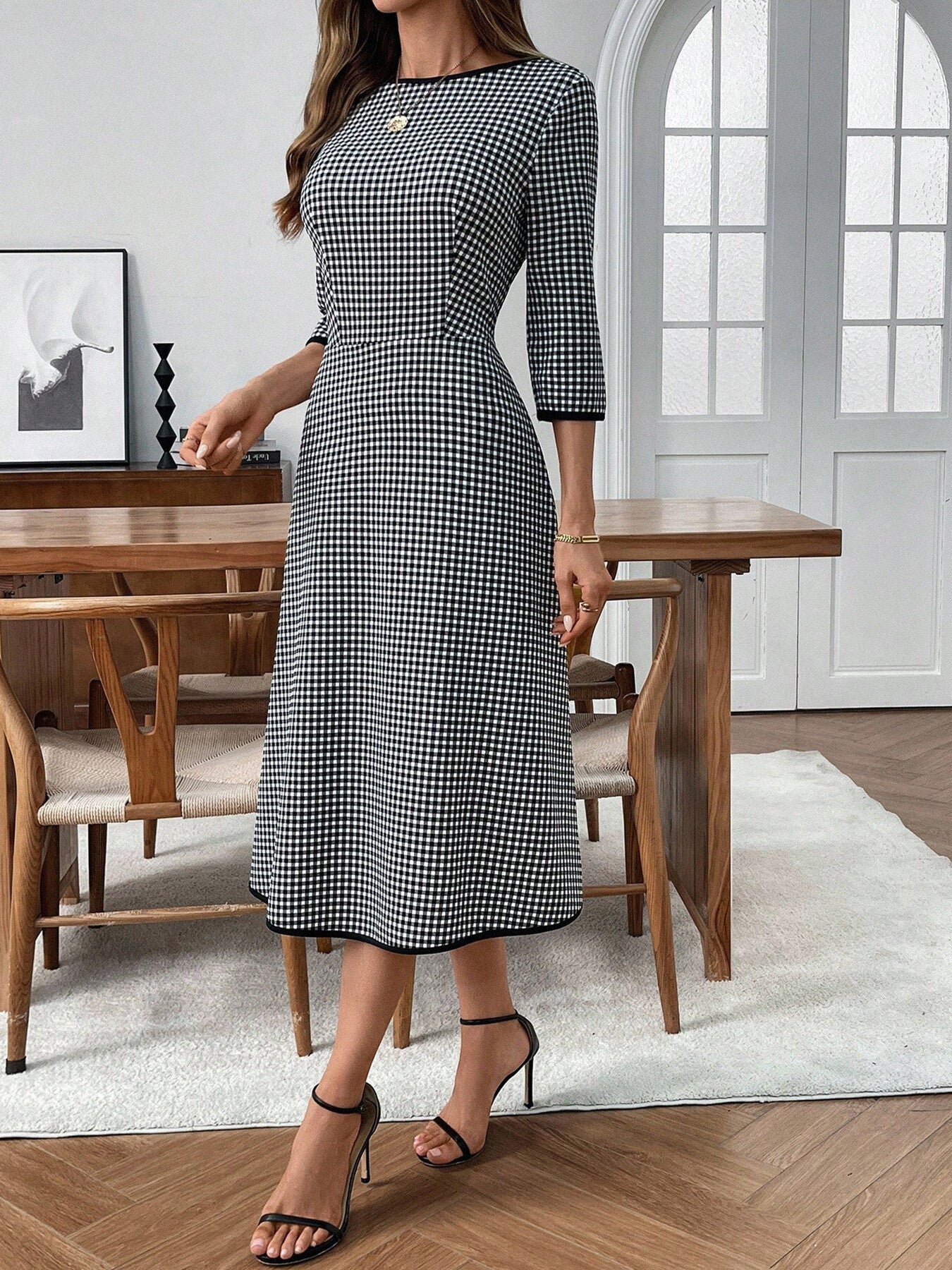Classic plaid round neck midi dress with 3/4 sleeves, stylish and comfortable, by Trendsi.