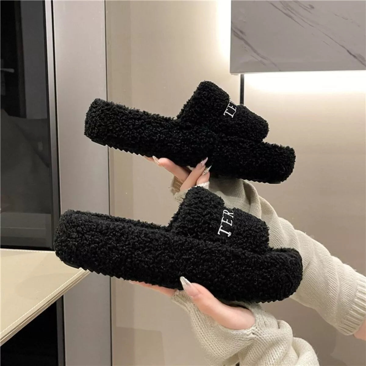 Simply Love fuzzy plush open toe slippers with soft lining and comfortable open design for cozy indoor wear.