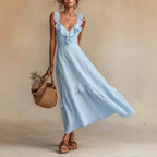 FitiqueFit sleeveless ruffle detail high-waist maxi dress in seven colors, casualwear, available in sizes S to 3XL.