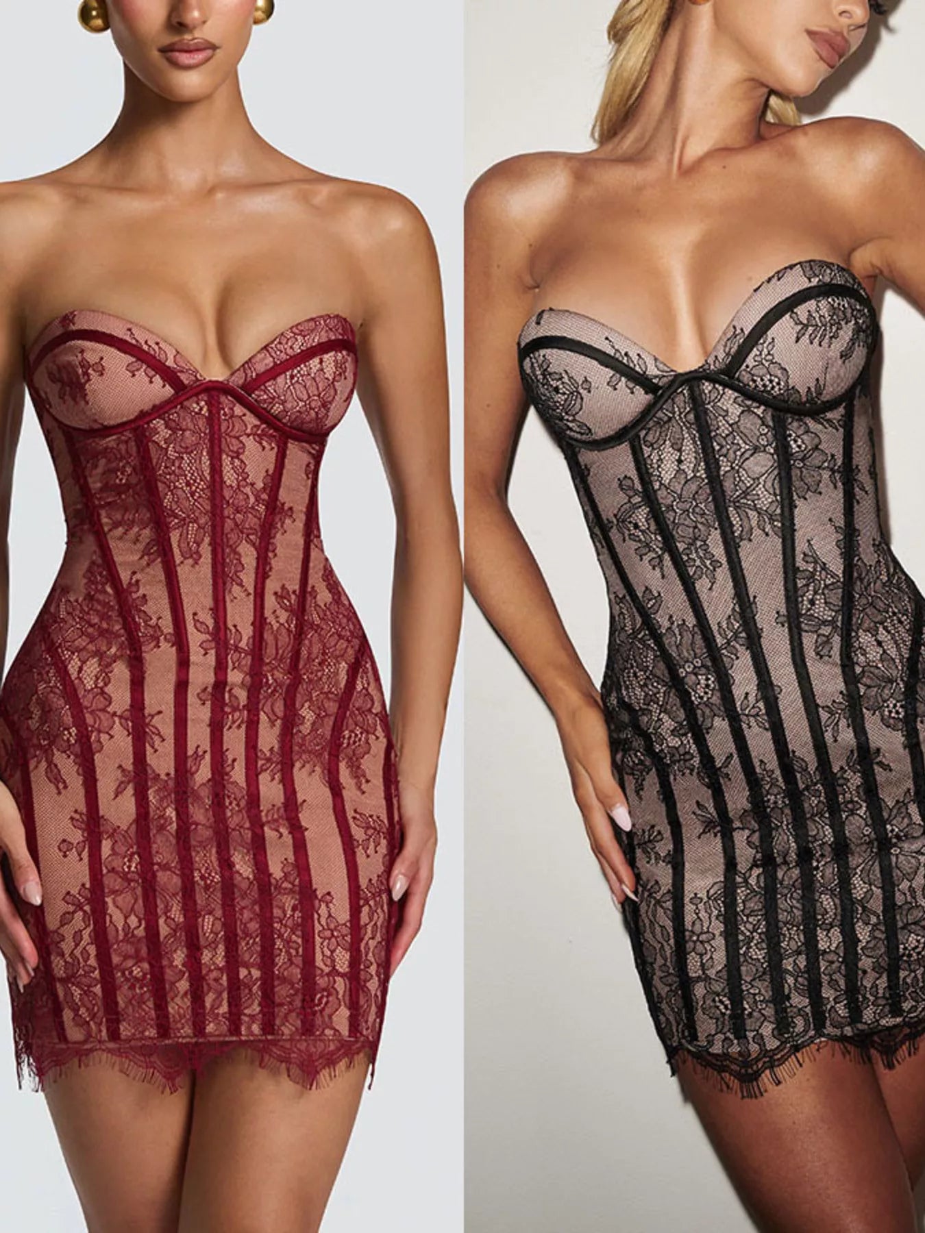 Lace detail tube mini dress from Trendsi, featuring a fitted sleeveless design with intricate lace accents.