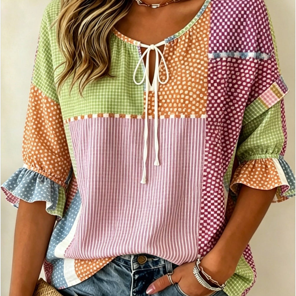 Women's floral print three-quarter sleeve casual shirt by FitiqueFit featuring a relaxed retro style with colorful floral patterns.