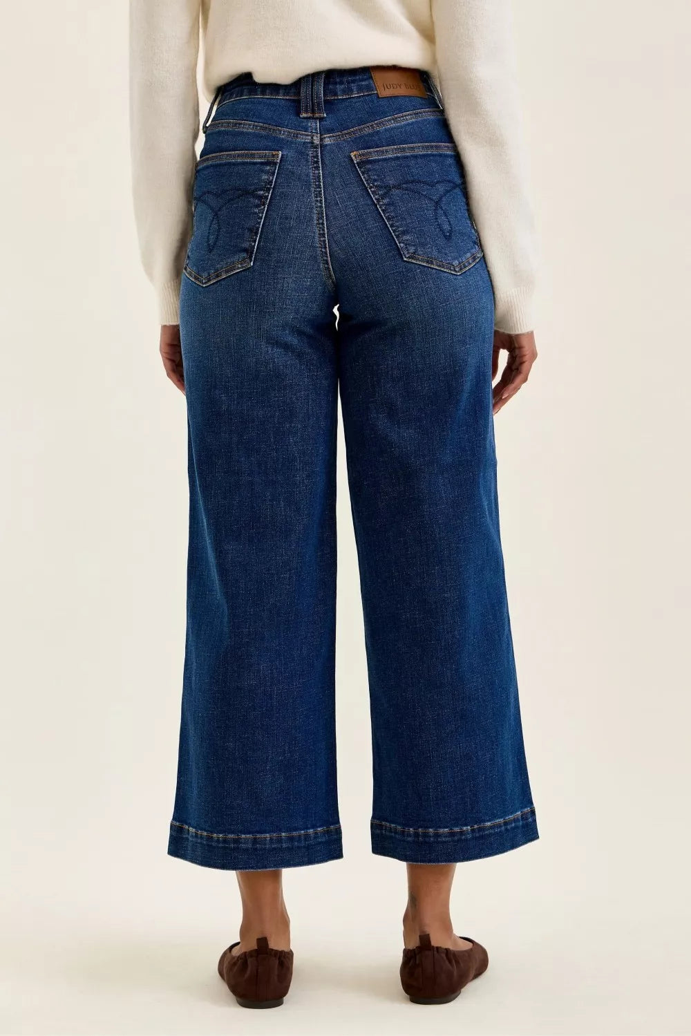 Judy Blue high waist T.C. Claudia ankle wide jeans featuring a dark wash, classic five-pocket style, and wide-leg fit.