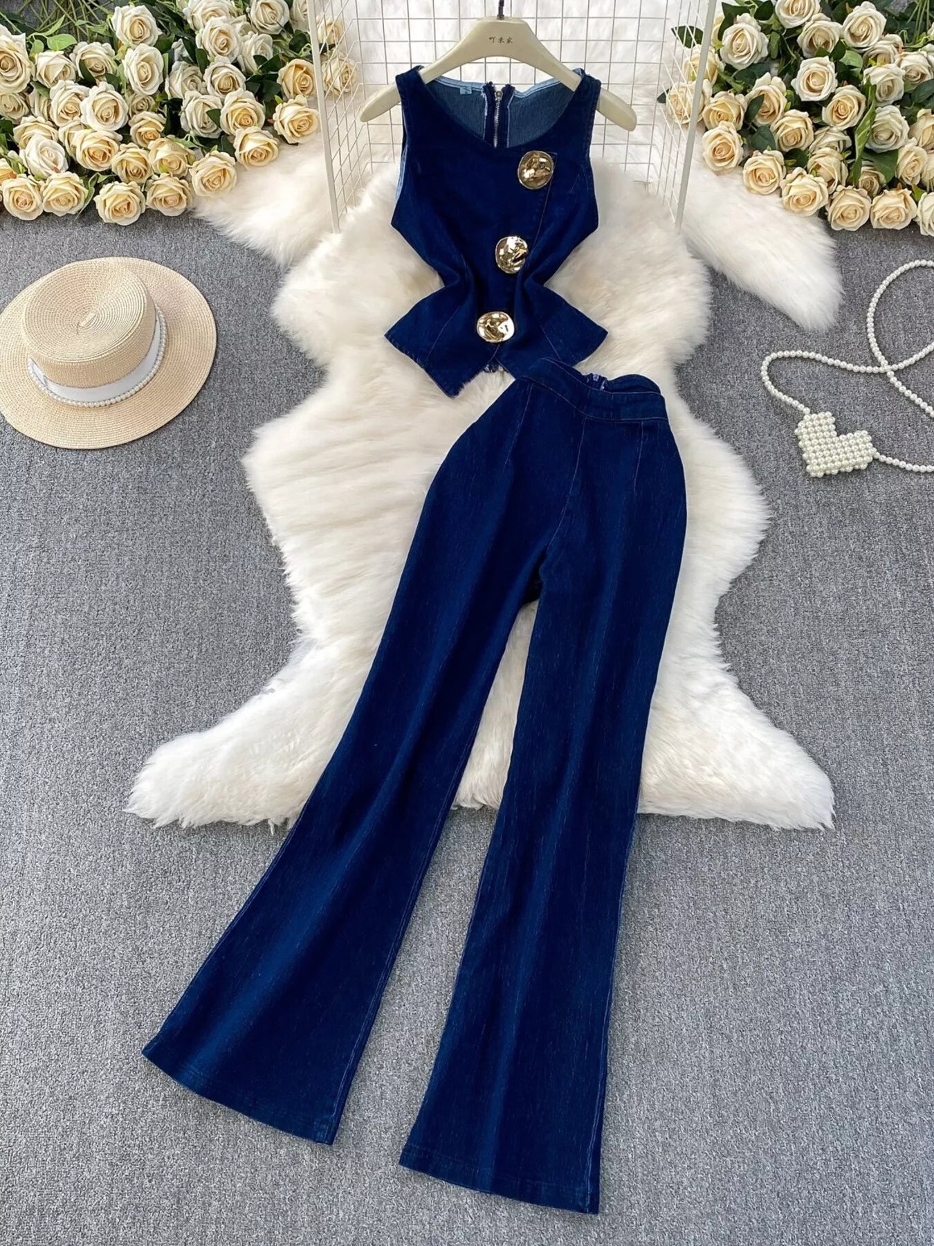 Button detail vest and flare jeans denim set from Plush Fashion Hub, featuring a stylish two-piece outfit with button accents and classic denim.