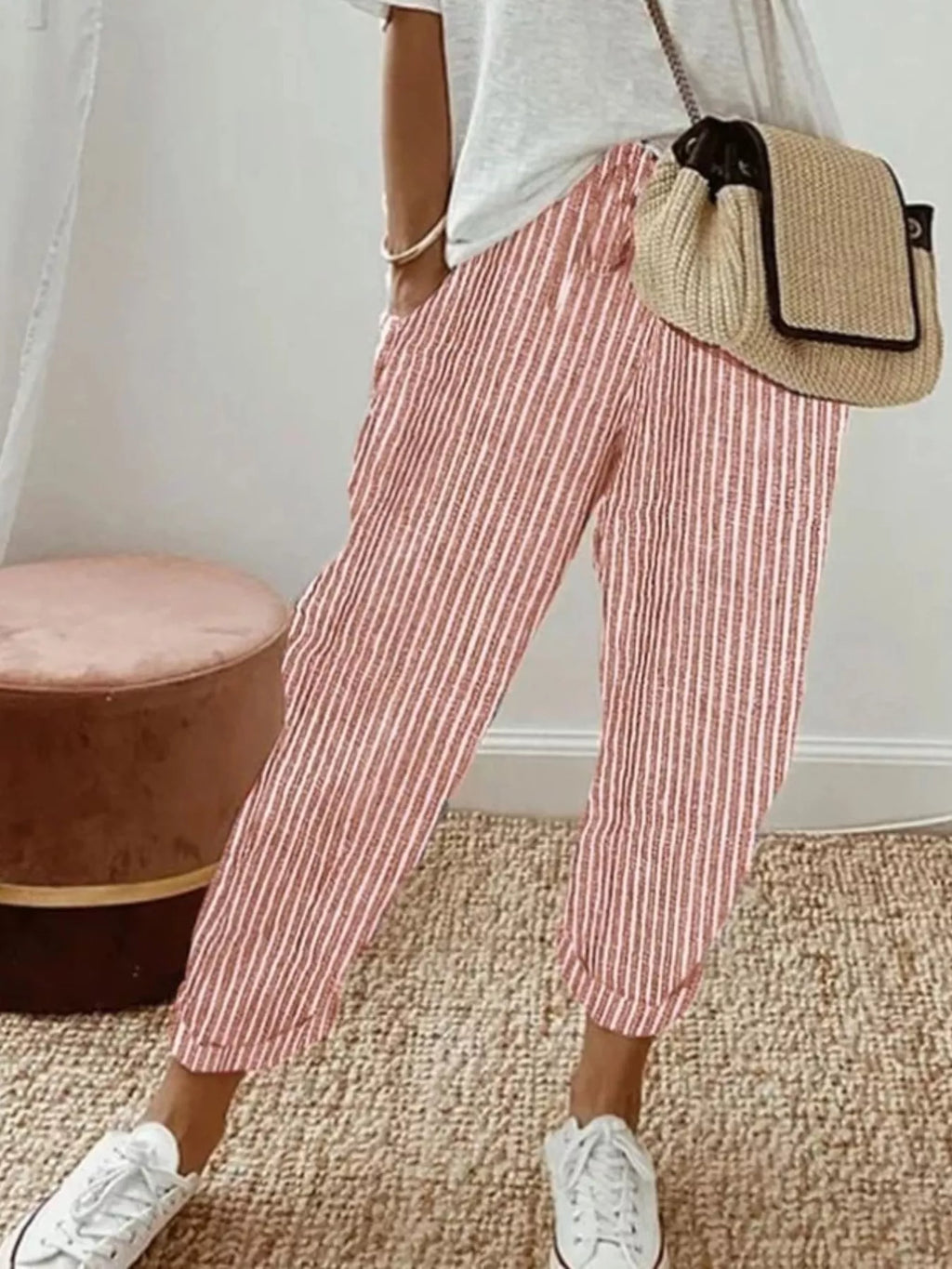 Striped cropped pants by Shopimist featuring a stylish, fitted design with bold horizontal stripes and a high-rise waist.
