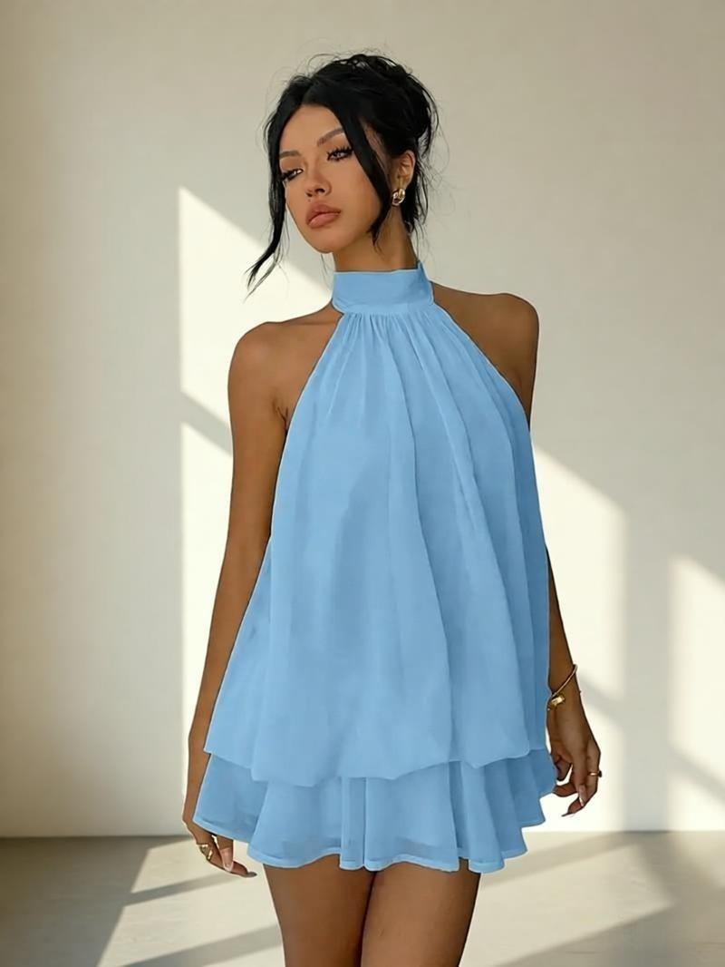 Women's chiffon halter mini dress with high waist and open back, plush fabric, A-line silhouette, stylish and elegant for special occasions.