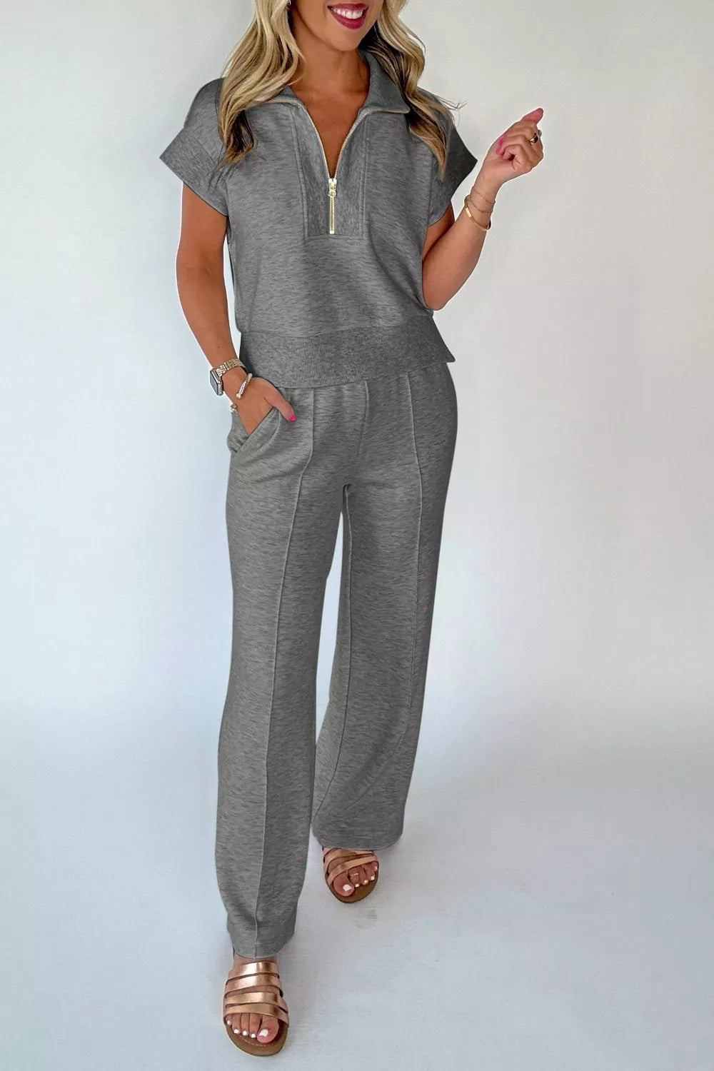 Plush Fashion Hub half-zip polo tee and casual pant set, soft fabric, stylish loungewear for men or women.
