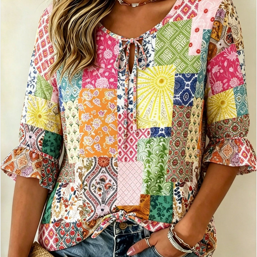Women's floral print three-quarter sleeve casual shirt by FitiqueFit, featuring a relaxed retro style with vibrant floral patterns.