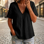 Women's pleated cotton-linen short-sleeve shirt by FitiqueFit, shown in five colors, featuring a relaxed fit and stylish design.