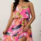 Tropical strapless off-shoulder vacation dress by FitiqueFit, casualwear with vibrant tropical print and flowing style.
