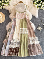 Boho patchwork lace-trimmed A-line tiered dress with bohemian style and layered fabric details, perfect for casual or summer wear.