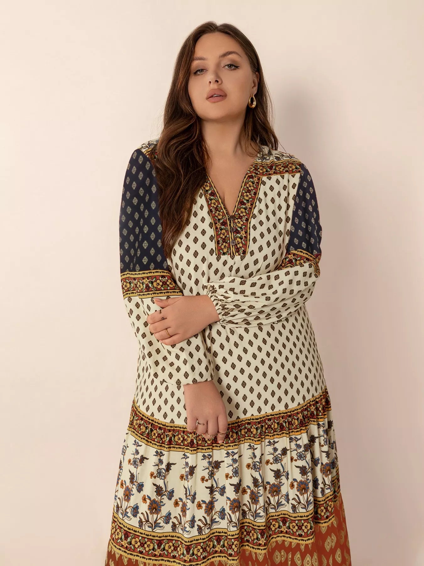 Plus size notched balloon sleeve maxi dress by Shopimist, flowing fabric with stylish notch neckline and long balloon sleeves.