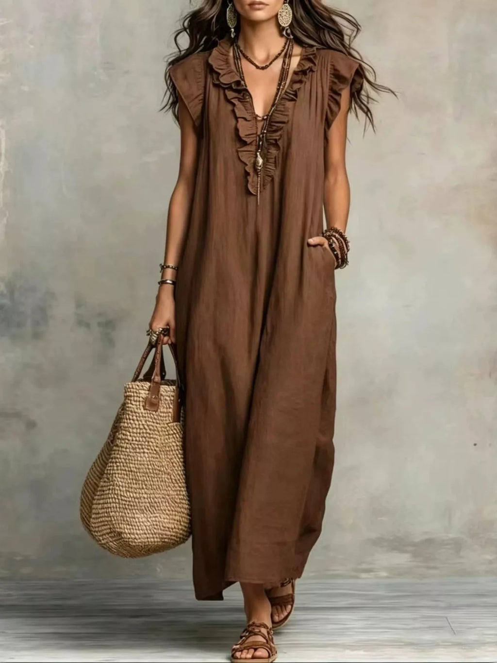 Full size ruffled V-neck cap sleeve maxi dress by Plush Fashion Hub, featuring a flowing silhouette and elegant ruffle details.
