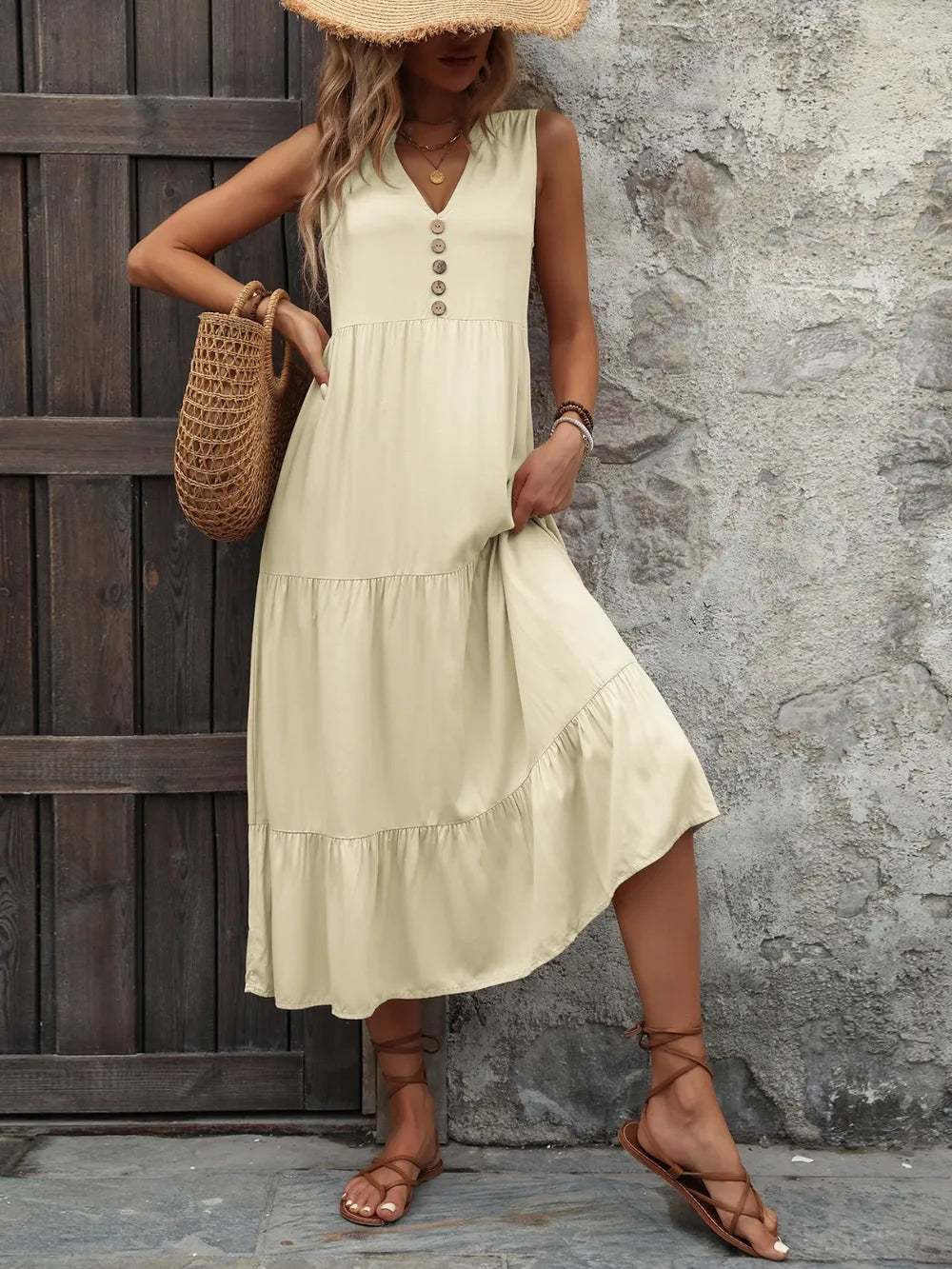 Ivy Lane women's sleeveless button-down dress with notched neckline, made of 100% cotton, in a casual, stylish design.