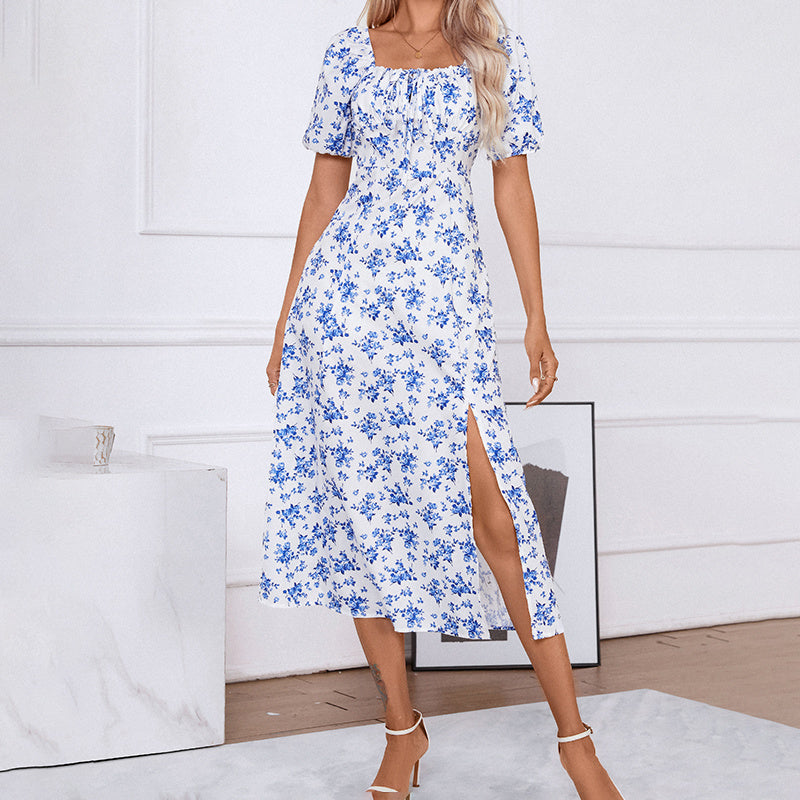 FitiqueFit square neck floral print maxi dress with puff sleeves, side slit, perfect casualwear for warm weather.