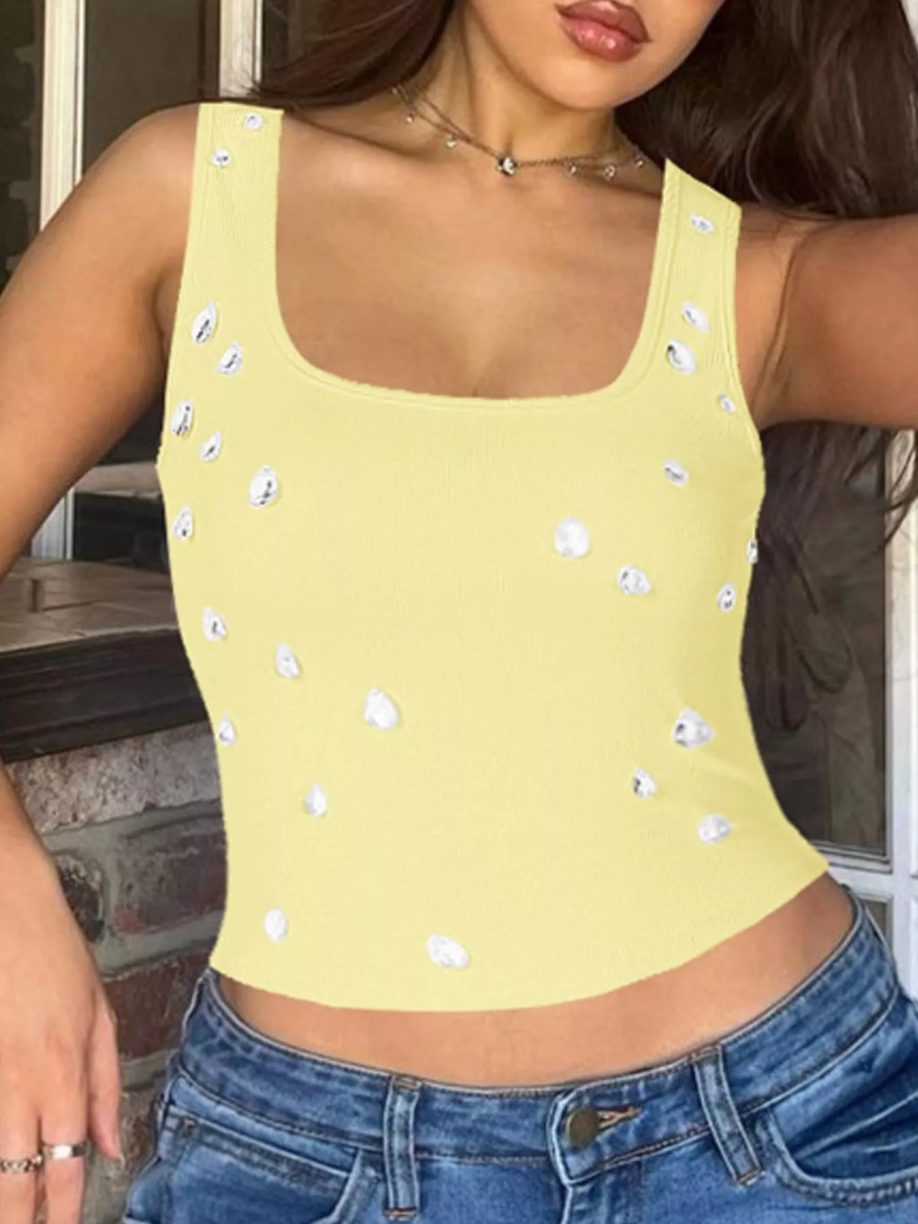 Bead-embellished square neck tank top by Shopimist with stylish design and fabric details, showcased on a neutral background.