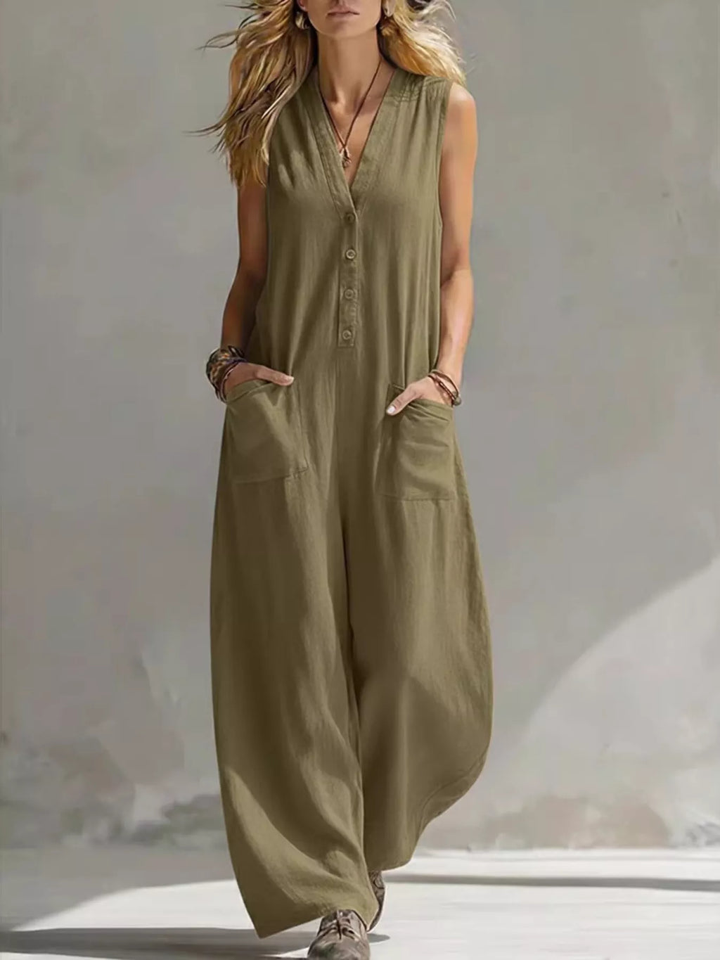 Plus size Shopimist V-neck sleeveless wide-leg jumpsuit, full length, stylish and comfortable for casual wear.