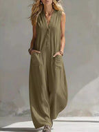 Plus size Shopimist V-neck sleeveless wide-leg jumpsuit, full length, stylish and comfortable for casual wear.