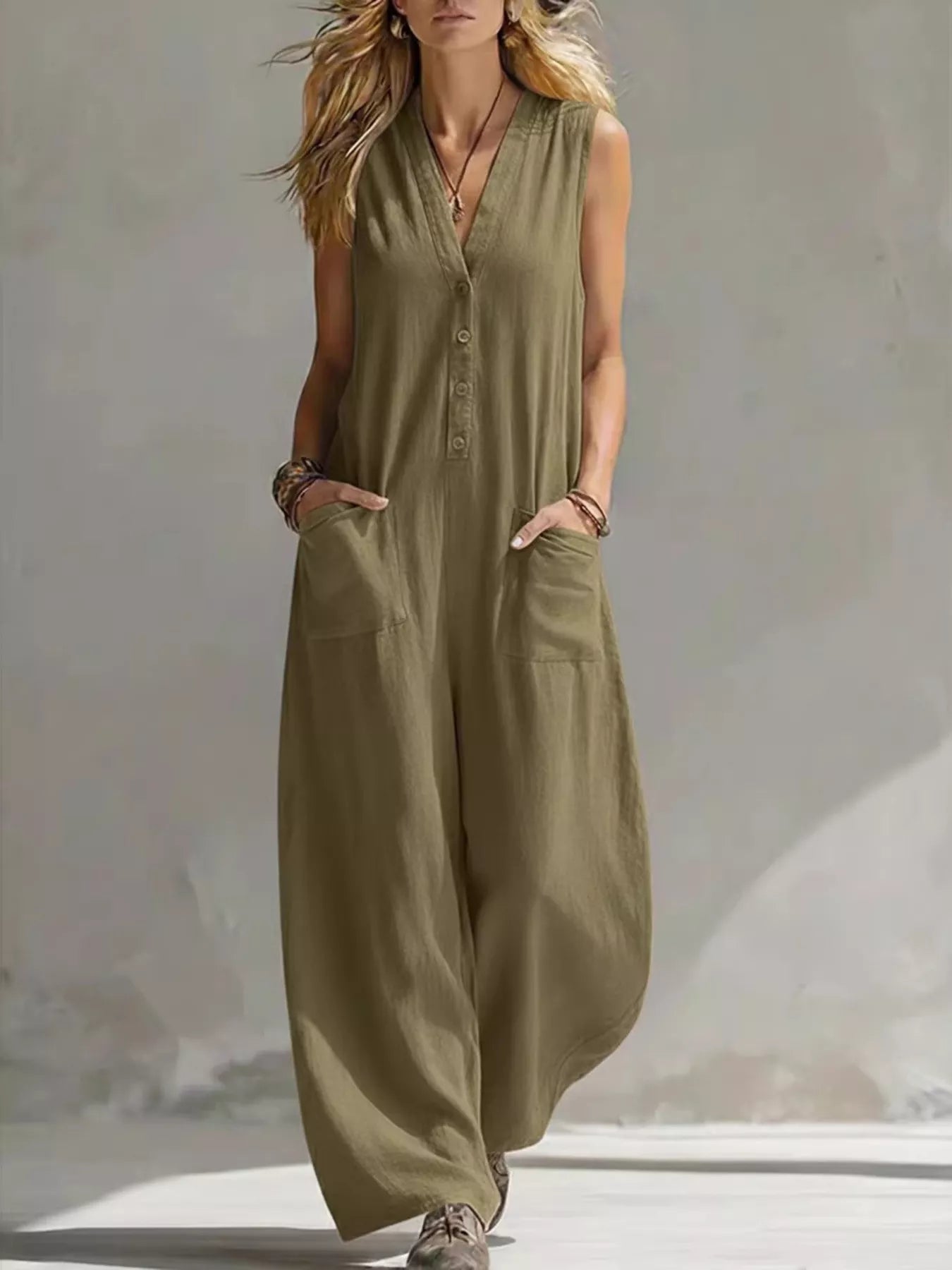 Plus size Shopimist V-neck sleeveless wide-leg jumpsuit, full length, stylish and comfortable for casual wear.