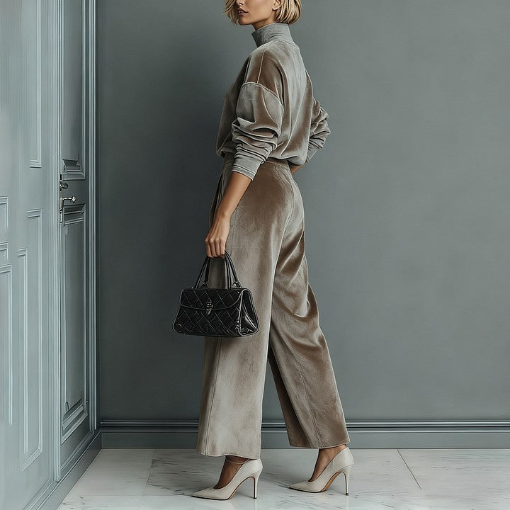Plush Fashion Hub casual velour long-sleeved high-neck zipper sportswear with wide-leg pants in solid color, warm and comfortable.