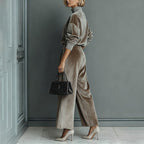 Plush Fashion Hub casual velour long-sleeved high-neck zipper sportswear with wide-leg pants in solid color, warm and comfortable.