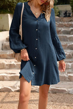 Devine Notched Balloon Sleeve Cotton Mini Dress by Trendsi, featuring stylish balloon sleeves and a fitted mini silhouette.